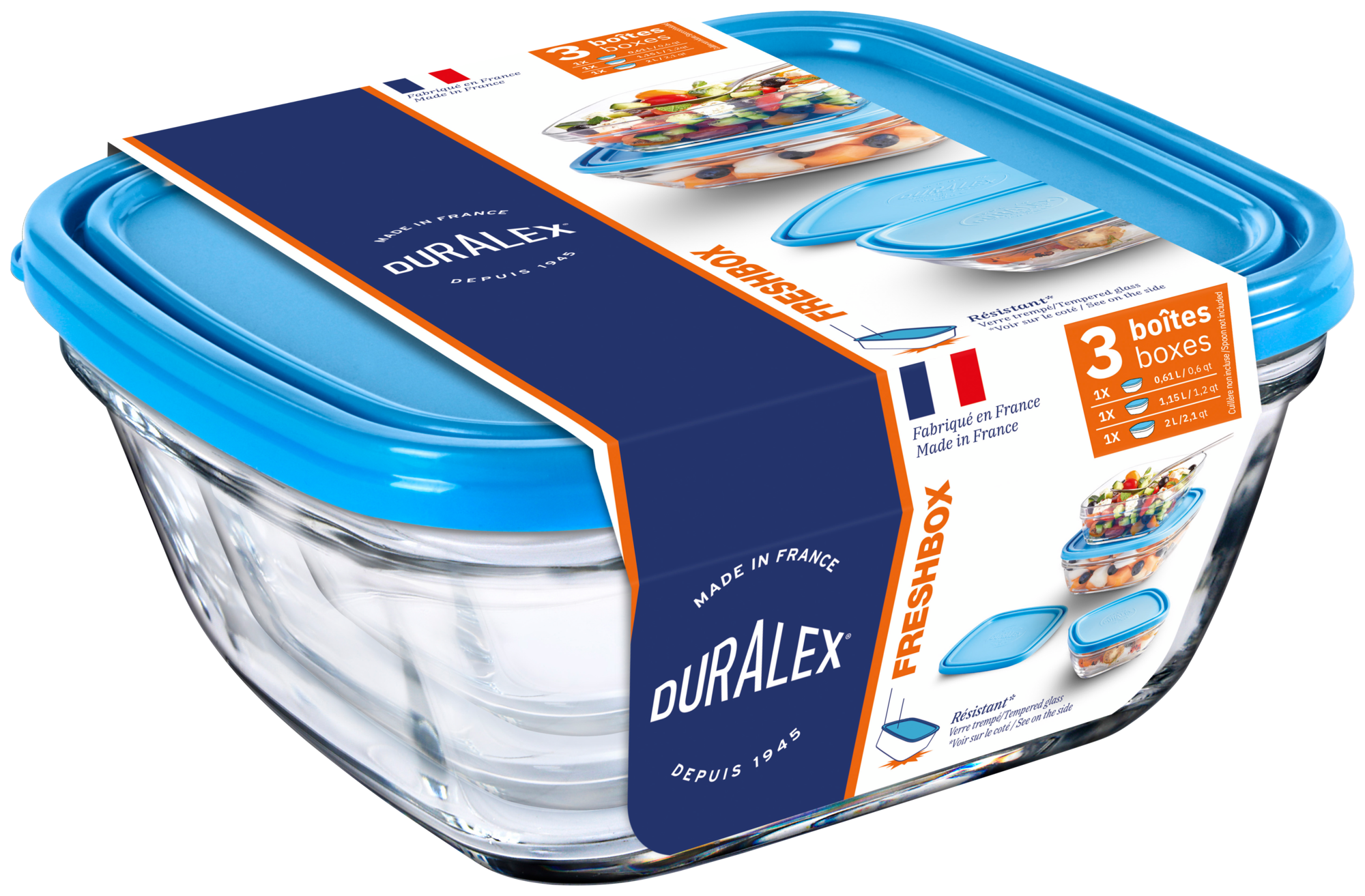 LOT DE 3 BOITES CARRES AVEC COUVERCLE BLEU