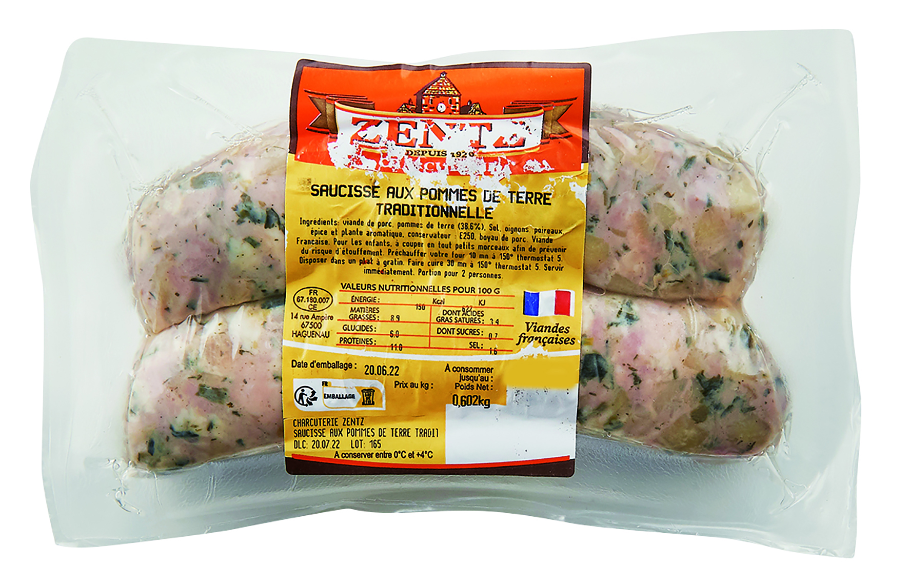 CHARCUTERIE ZENTZ SAUCISSE AUX POMMES DE TERRE code EAN 3550380041225 