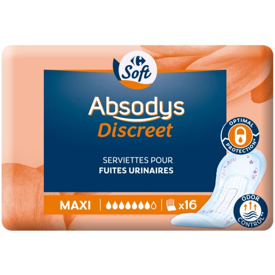Serviettes incontinence Absodys Maxi CARREFOUR 3560070219896 Serviettes incontinence Absodys Maxi CARREFOUR 3560070219896