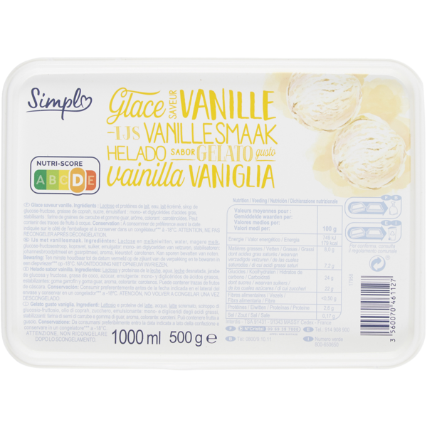 SIMPL Glace saveur vanille code EAN 3560070461127 