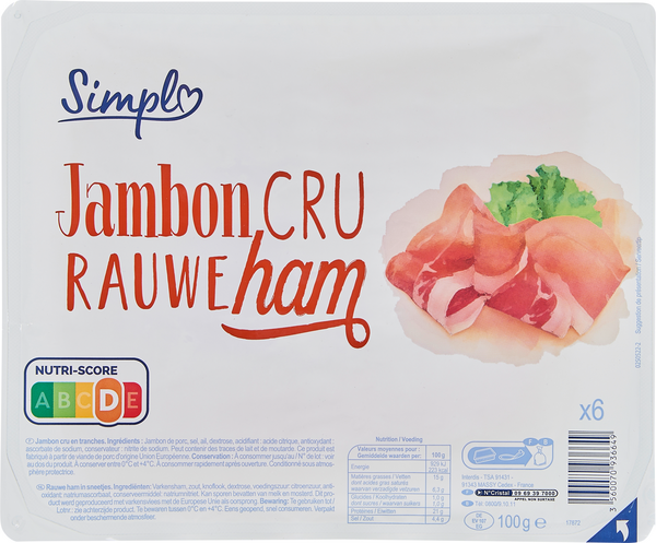SIMPL Tranches jambon cru nature code EAN 3560070936649 