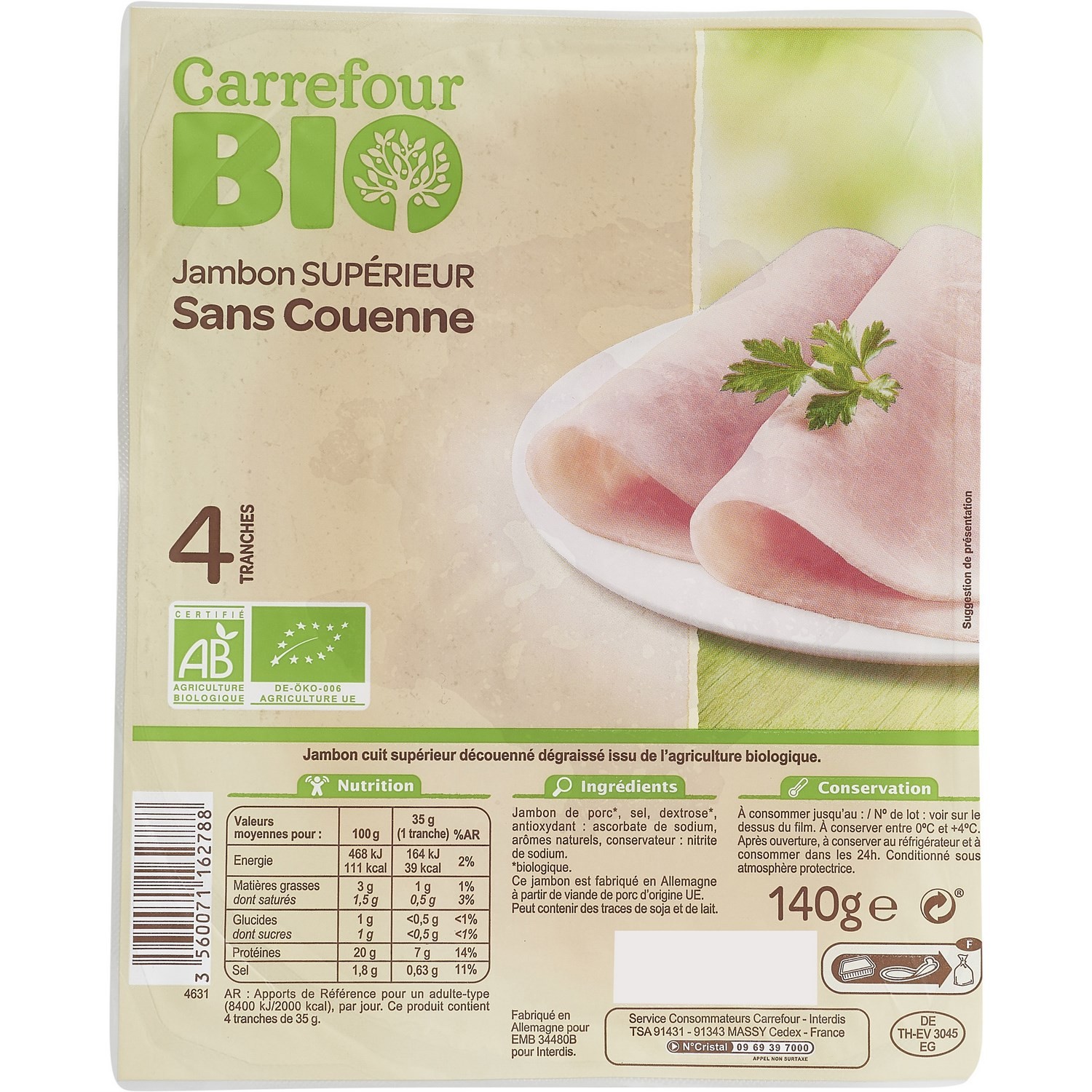 Jambon bio supérieur sans couenne CARREFOUR BIO