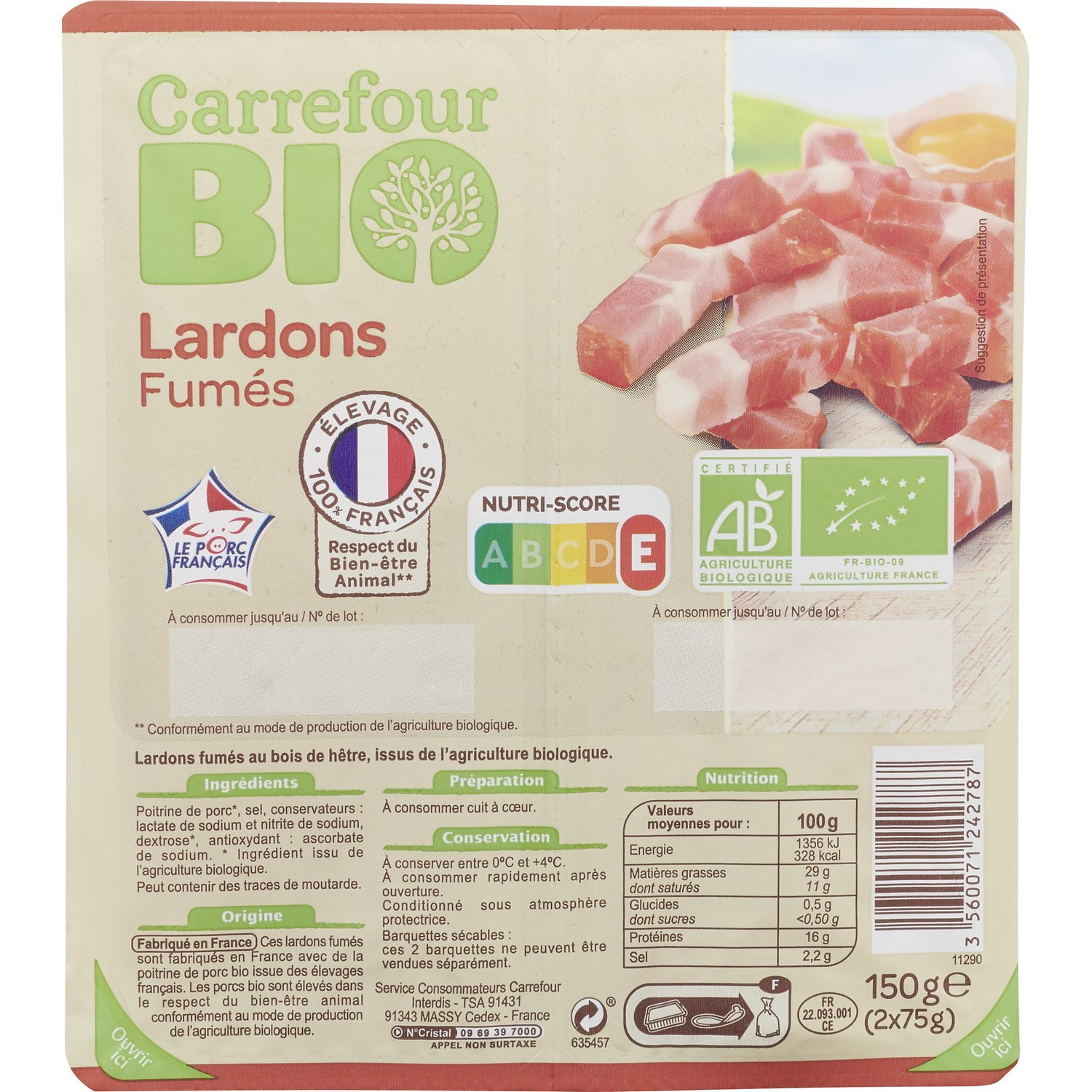 Lardons bio fumés CARREFOUR BIO