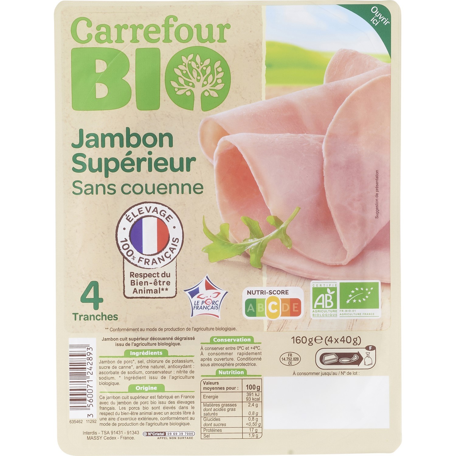 Jambon bio supérieur sans couenne CARREFOUR BIO