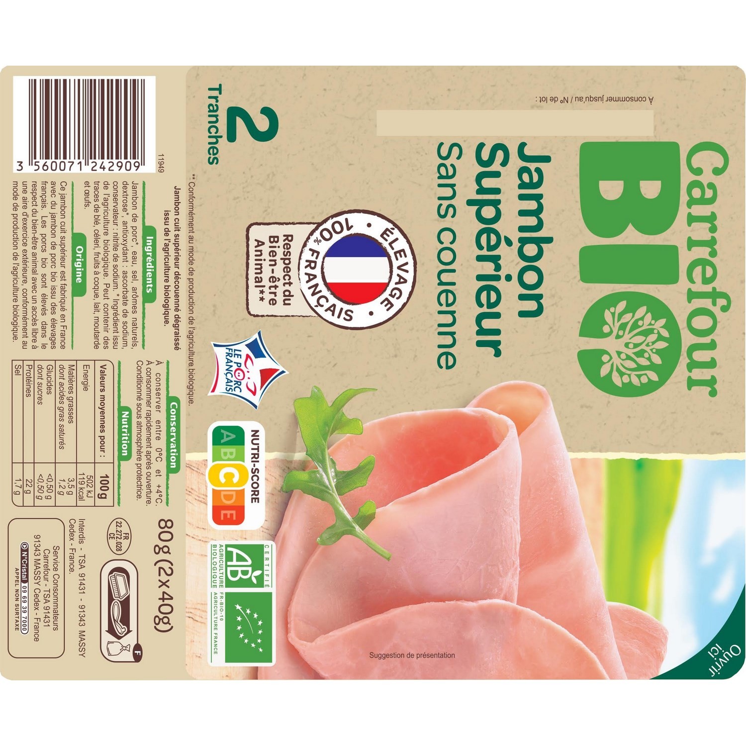 Jambon bio supérieur sans couenne CARREFOUR BIO