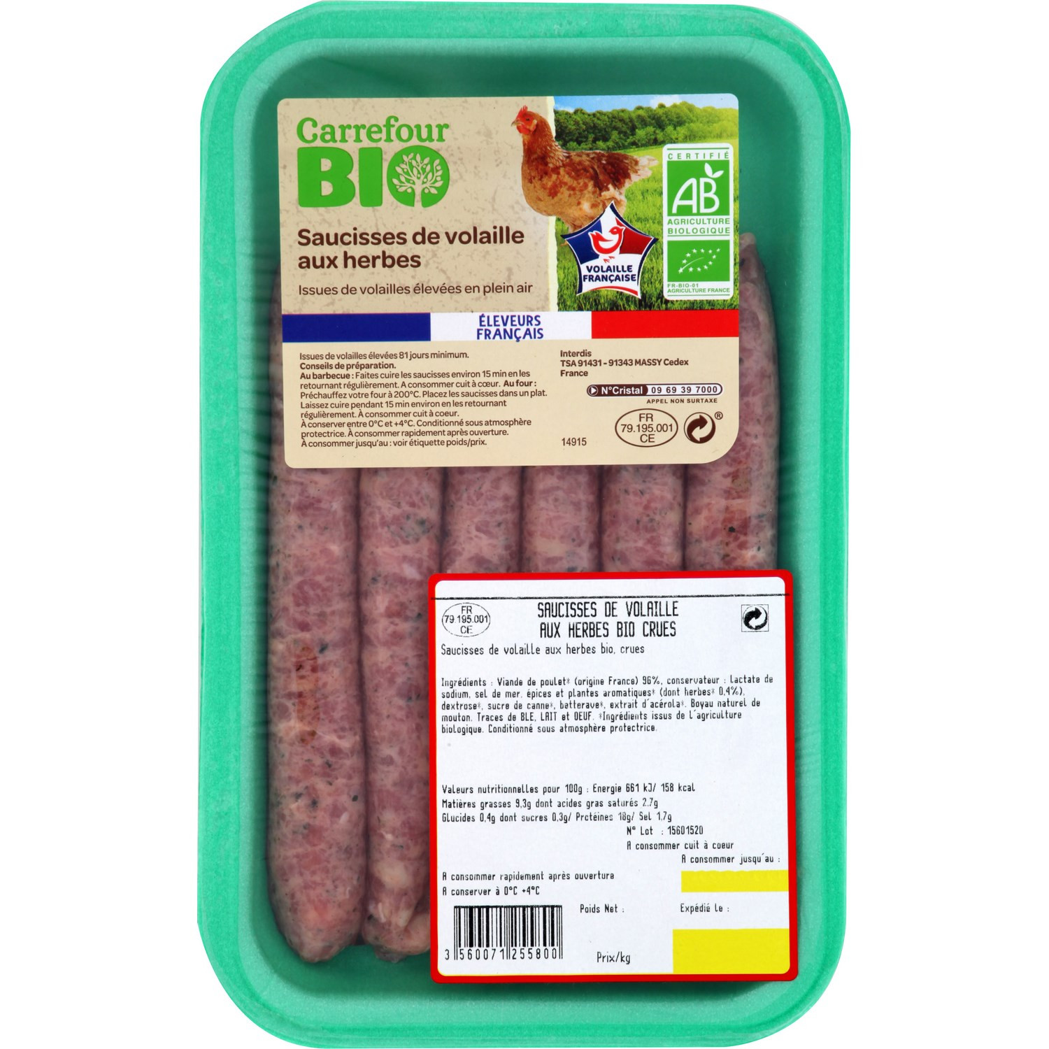Saucisses de volaille bio aux herbes CARREFOUR BIO