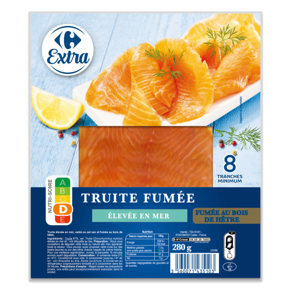 CARREFOUR EXTRA Truite fumée élevée en mer  code EAN 3560071435103 