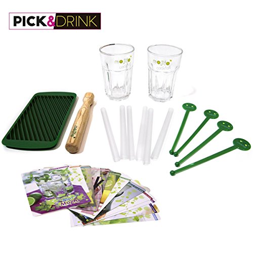 Pick&Drink Pick & Drink - Coffret Mojito avec 2 verres à Mojito 30 cl + 4 Touilleurs + 6 pailles + 1 Pilon en bois + 1 Moule à glace pilée en silicone + 12 fiches recettes code EAN 3561969385098 