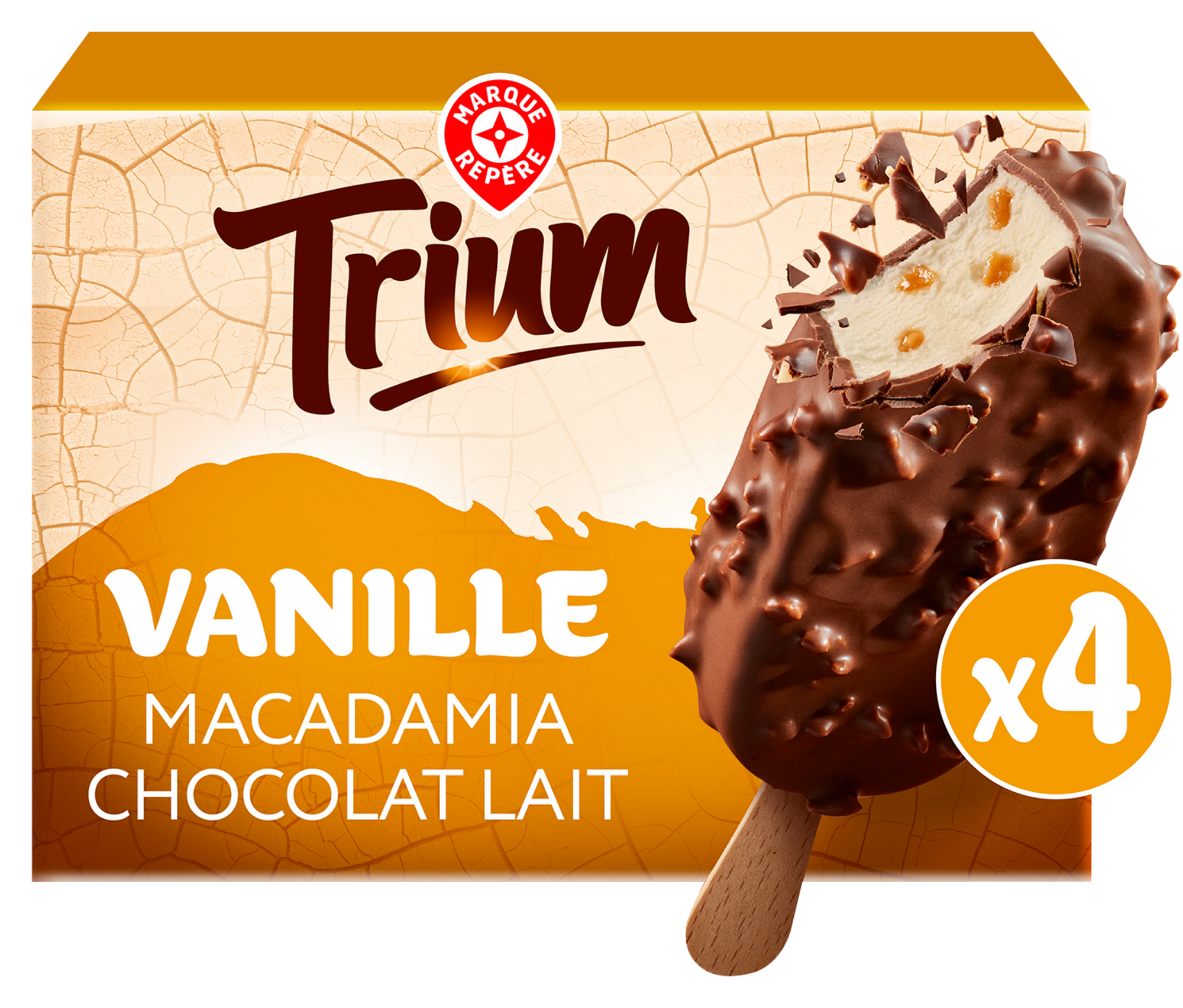 TRIUM 4 BÂTONNETS VANILLE MACADAMIA ENROBAGE CHOCOLAT AU LAIT code EAN 3564706704701 