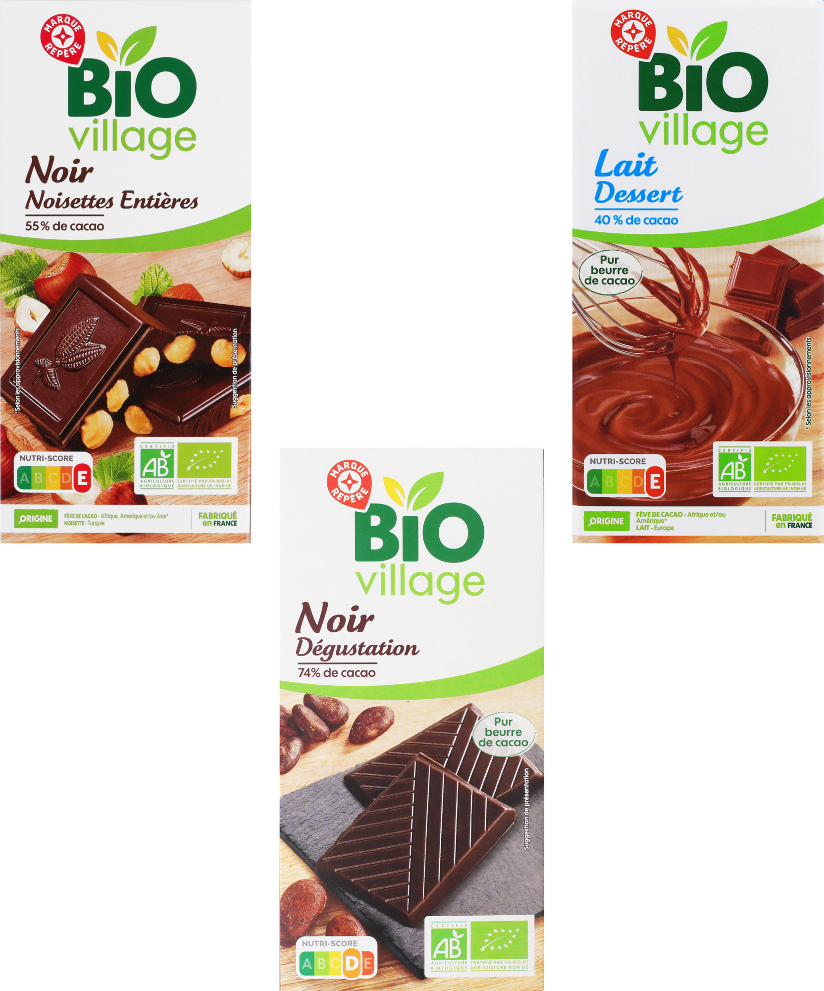 BIO VILLAGE SUR LES TABLETTES DE CHOCOLAT BIO PRÉSENTES EN MAGASIN DE LA GAMME "BIO VILLAGE" code EAN 3564707000864 