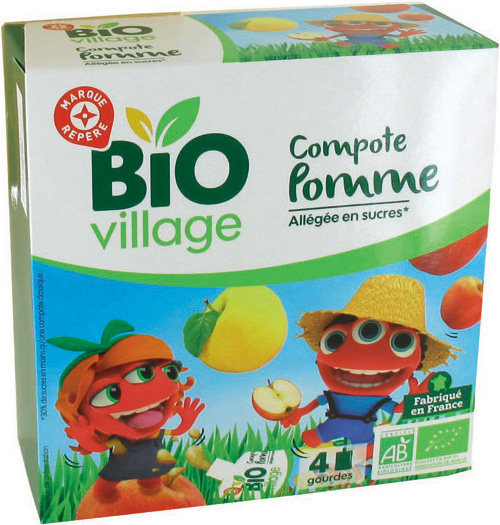 MR2 COMPOTE GOURDE BIO POMME ALLEGÉE EN SUCRES “BIO VILLAGE” code EAN 3564707098816 