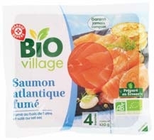 MR2  SAUMON ATLANTIQUE FUMÉ BIO "BIO VILLAGE" code EAN 3564707100113 