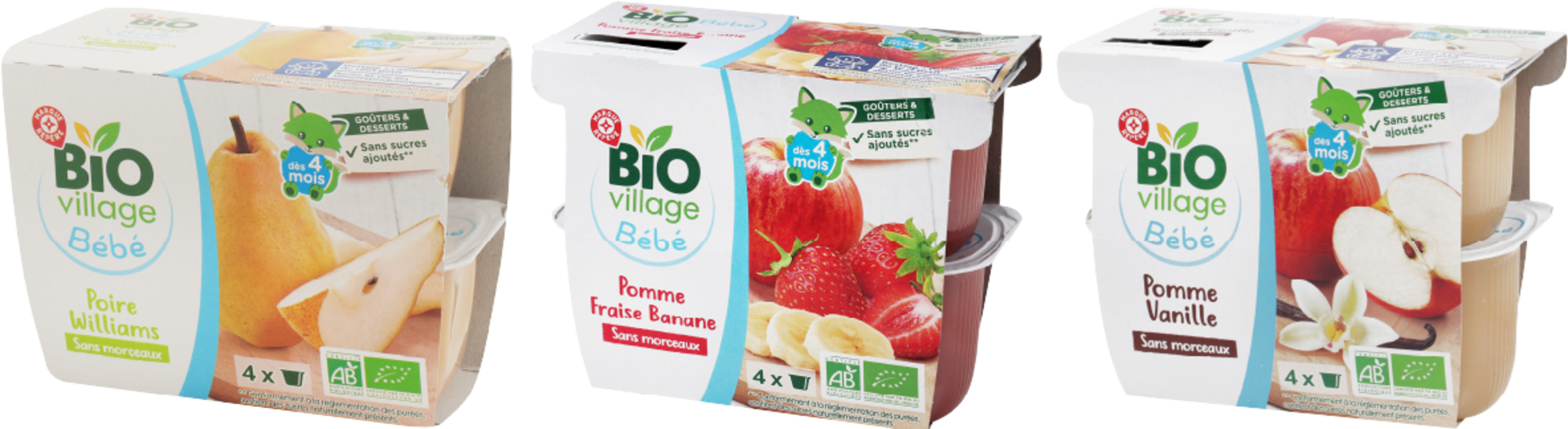 BIO VILLAGE SUR LES PRODUITS PRÉSENTS EN MAGASIN DE LA GAMME "PURÉE DE FRUITS BIO VILLAGE BÉBÉ" code EAN 3564707106948 