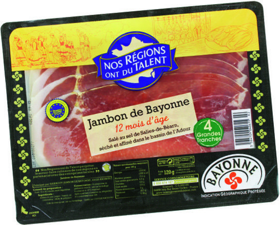  4 TRANCHES DE JAMBON DE BAYONNE I.G.P.(5) “NOS RÉGIONS ONT DU TALENT” code EAN 3564709040615 