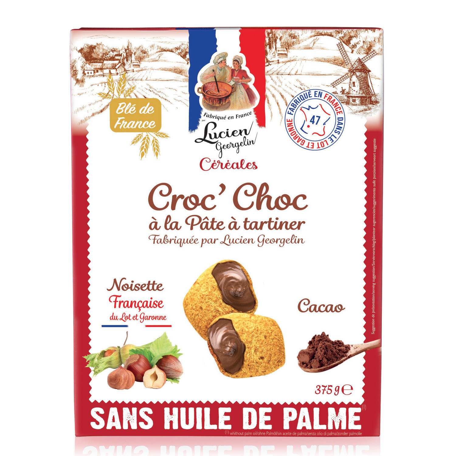 LUCIEN GEORGELIN CEREALES Biscuits chocolat à la pâte à tartiner croc'tout choc LUCIEN GEORGELIN CEREALES code EAN 3572420000405 