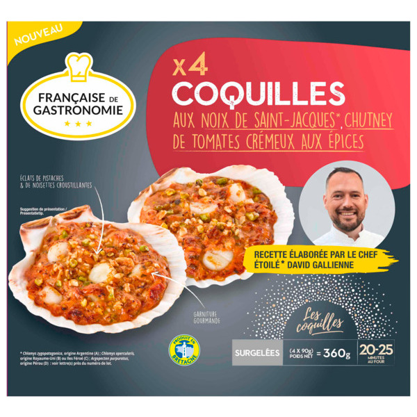 FRANÇAISE DE GASTRONOMIE 4 COQUILLES AUX NOIX DE SAINT-JACQUES CHUTNEY DE TOMATES CRÉMEUX AUX ÉPICES SURGELÉES
SIGNÉE DAVID GALIENNE
 code EAN 3576280132597 