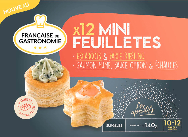 Française de Gastronomie 12 MINI FEUILLETÉS 6 SAINT JACQUES SAUCE BRETONNE FORME RONDE + 6 CÈPES GRAINES DE CHIA FORME ÉTOILE Française de Gastronomie code EAN 3576280392175 