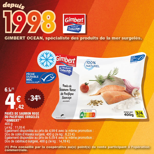 “GIMBERT” PAVÉS DE SAUMON ROSE DU PACIFIQUE SURGELÉS code EAN 3586410323283 