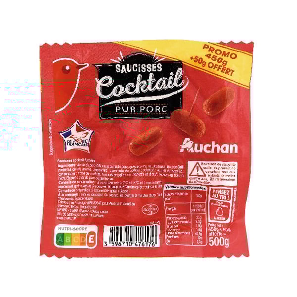  Saucisses Cocktail Pur Porc Auchan code EAN 3596710476176 