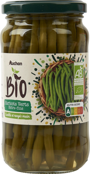 AUCHAN BIO Haricots Verts Extras Fins Cueillis Et Rangés Main Bio Auchan code EAN 3596710480333 
