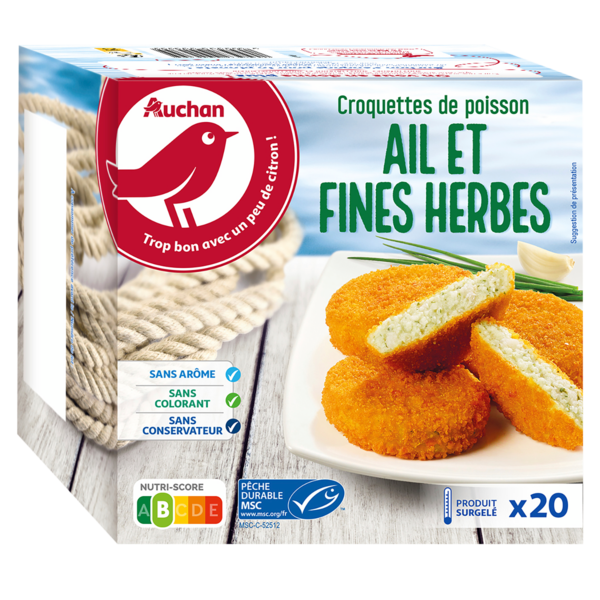  Croquettes De Poisson Ail & Fines Herbes Surgelées Auchan code EAN 3596710507498 