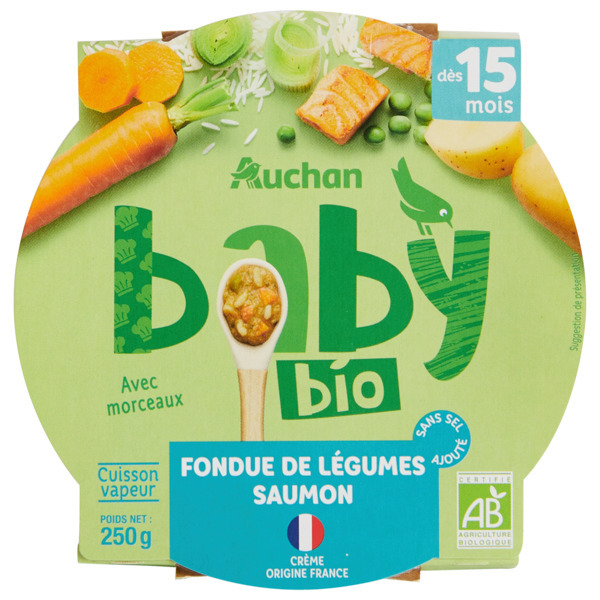  Repas Assiettes Fondue De Légumes Et Saumon Auchan Baby Bio code EAN 3596710515196 