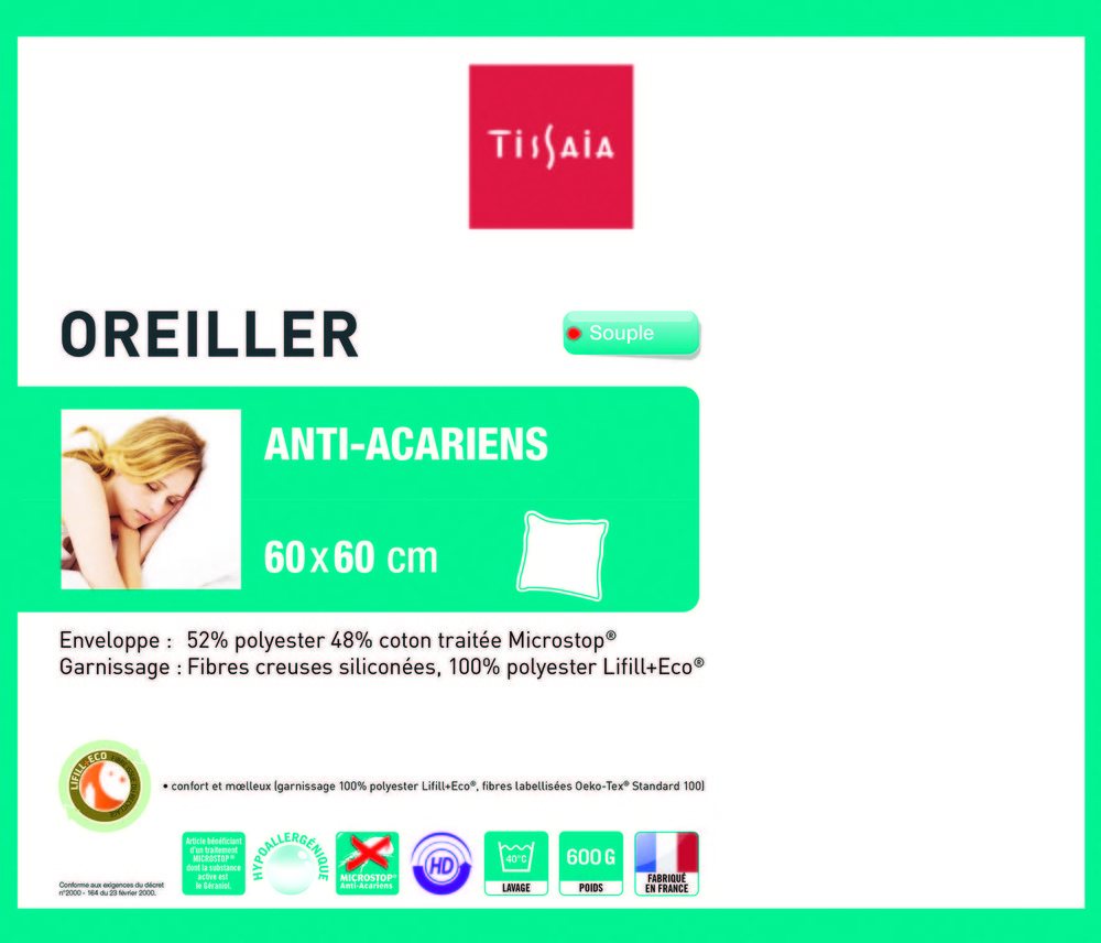 OREILLER ANTI-ACARIENS MICROSTOP® 60 X 60 CM OU...