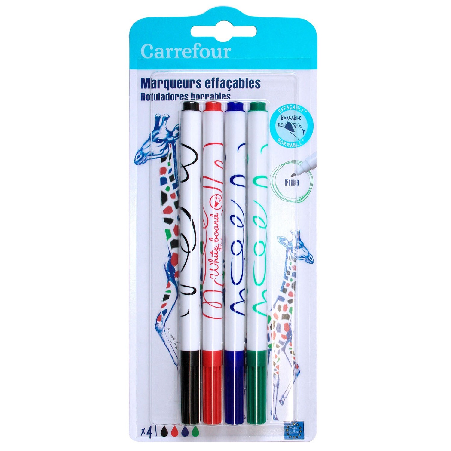 Marqueurs effaçables à sec X4 pointe fine assortis CARREFOUR 3609230992832 CARREFOUR Marqueurs effaçables à sec X4 pointe fine assortis CARREFOUR 3609230992832 CARREFOUR