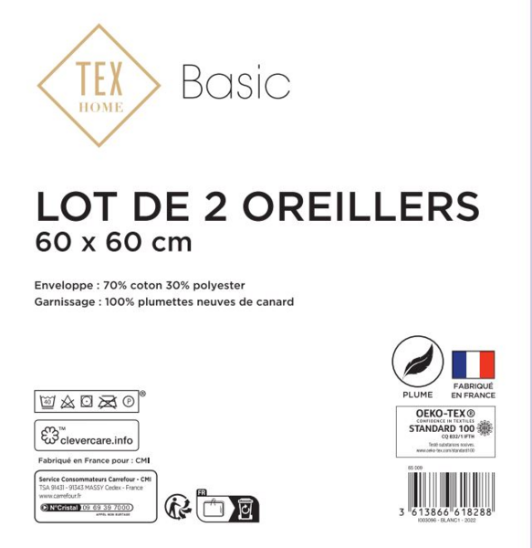 TEX BASIC Lot de 2 oreillers "Basic plumettes" code EAN 3613866618288 