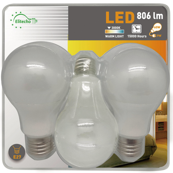 elitecho Lot de 3 ampoules LED Standard 9W E27 équivalent 60W* code EAN 3614612634712 