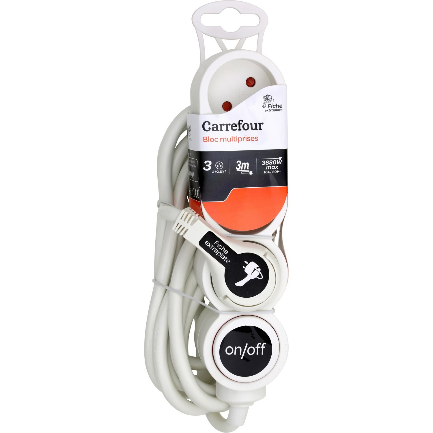 Bloc 3 prises + interrupteur blanc CARREFOUR