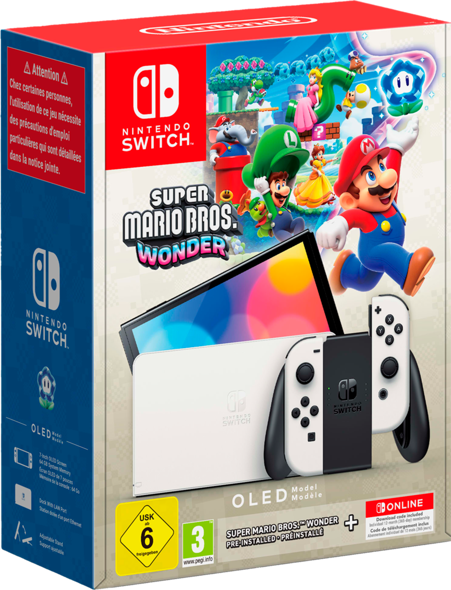  Console Nintendo Switch Oled blanche + Super Mario Bros. Wonder + abonnement 12 mois Nintendo Switch Online code EAN 3614707538765 
