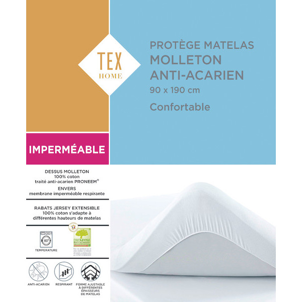 PROTÈGE MATELAS MOLLETON ANTI-ACARIEN IMPERMÉABLE