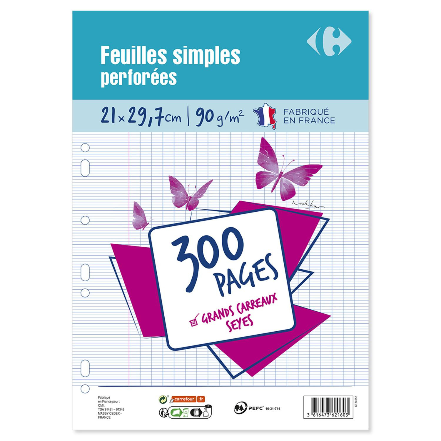 CARREFOUR CARREFOUR Feuilles simples perforées 21x29,7cm 300p grands carreaux CARREFOUR code EAN 3616473621603 