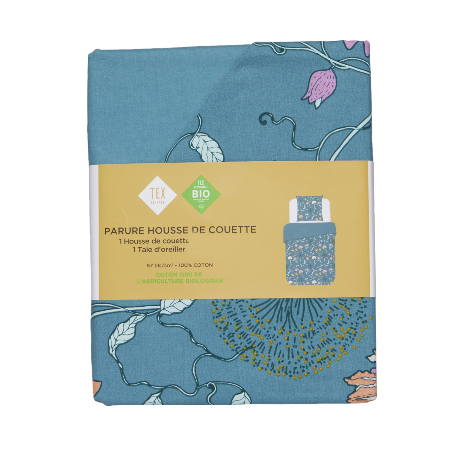 Parure de lit bleu coton Bio housse de couette ...