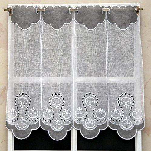 Rideau Brise bise Etamine Blanc et Gris brodé 5...