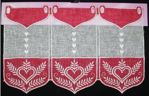 Rideau Brise bise Etamine Naturel et Rouge brod...