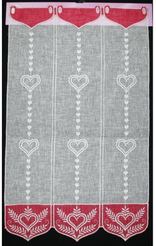 Rideau Brise bise Etamine Naturel et Rouge brod...