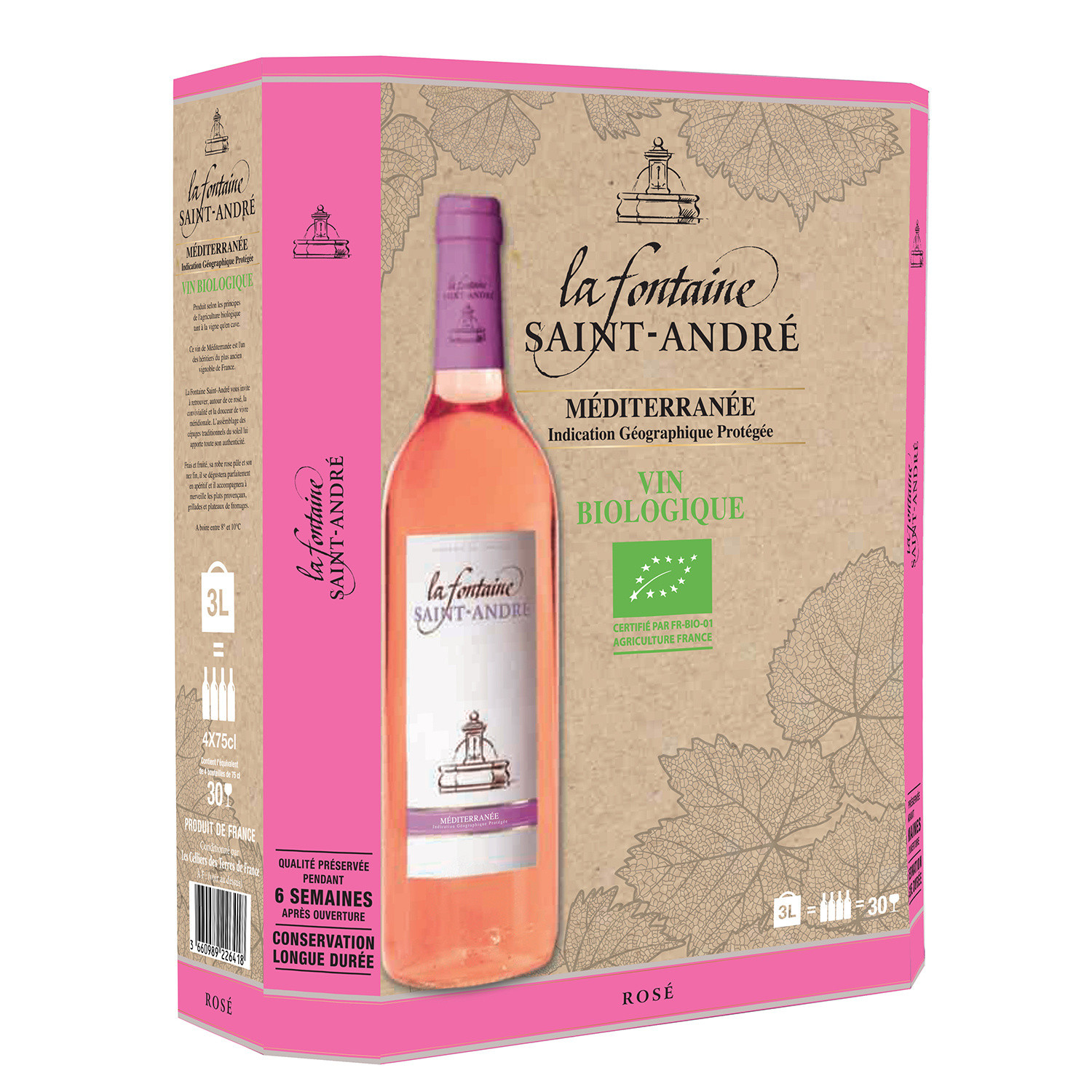CARREFOUR BIO Vin rosé méditerranée Bio IGP LA FONTAINE SAINT ANDRE code EAN 3660989226418 