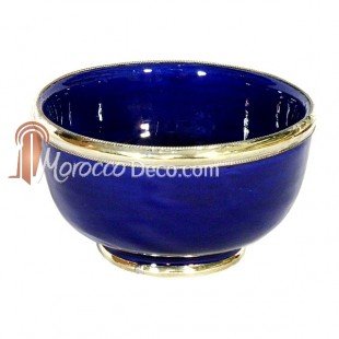 Bol artisanal bleu cerclé de métal inoxydable e...