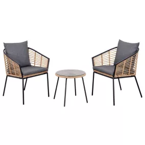  Ensemble salon de jardin 3 pièces style exotique 2 fauteuils coussins gris table basse résine aspect bambou métal époxy noir code EAN 3662970084991 