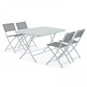  Table de jardin et 4 chaises pliantes en acier et verre gris  Oviala code EAN 3663095025418 