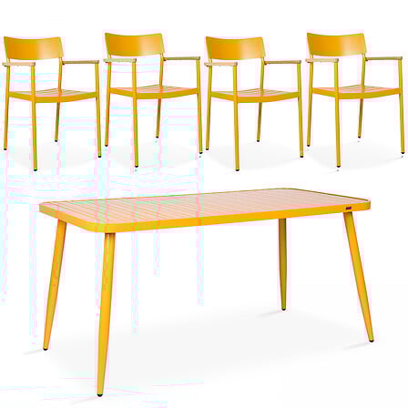 Ensemble table et 4 fauteuils en aluminium jaun...