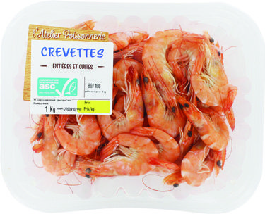  CREVETTES ENTIÈRES CUITES RÉFRIGERÉES ASC  "L'ATELIER POISSONNERIE" code EAN 3664335050689 