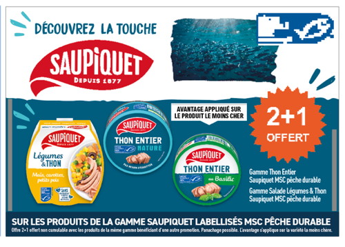 SAUPIQUET SUR LES PRODUITS DE LA GAMME SAUPIQUET LABELLISÉS MSC PÊCHE DURABLE
Gamme Thon Entier Saupiquet MSC pêche durable
Gamme Salade Légumes & Thon Saupiquet MSC pêche dura code EAN 3698745632102 