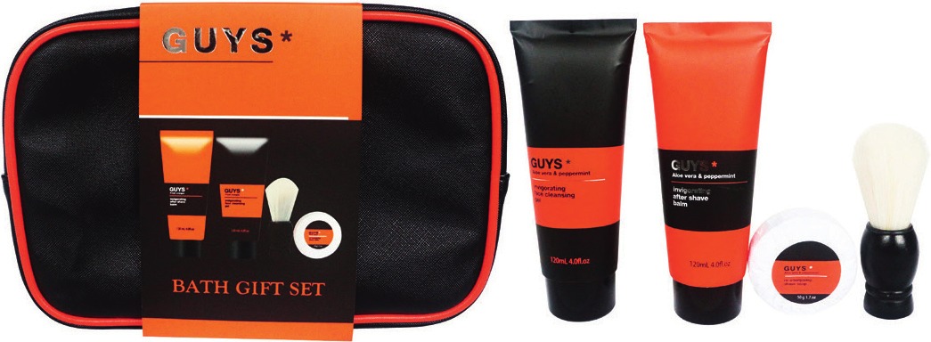 COFFRET RASAGE HOMME 4 PDTS, 120ML BAUME APRÈS-RASAGE, 120ML GEL NETTOYANT VISAGE,  50G SAVON DE RASAGE, 1 BLAIREAU. (b) GUYS 3700074932401 GUYS