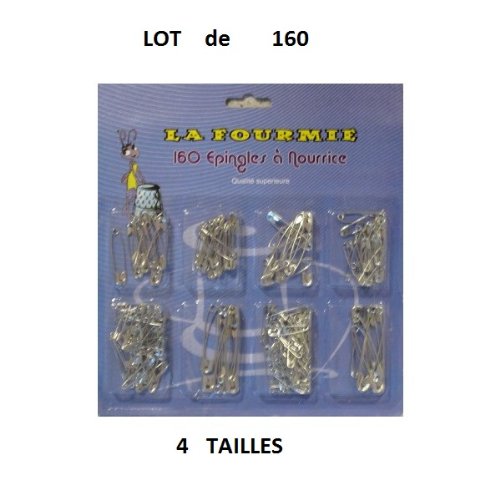 LOT DE 160 EPINGLES A NOURRICE 4 TAILLES ARGENT...