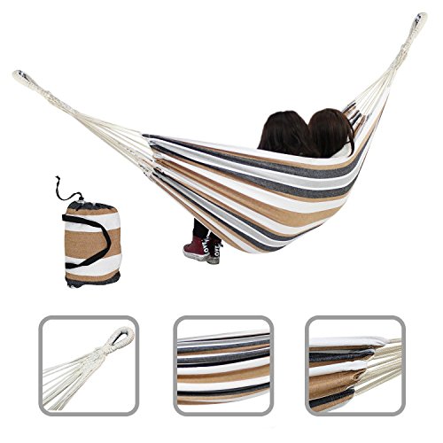 Todeco Hamac de jardin en coton XL 2 places 330x150cm charge max. 180kg - Motif Rayures Indiennes - Couleur Marron - avec Housse de Transport code EAN 3700778713795 