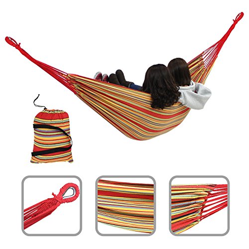 Todeco Hamac de jardin en coton XL 2 places 330x150cm charge max. 180kg - Motif Rayures Indiennes - Couleur Rouge - avec Housse de Transport code EAN 3700778713801 