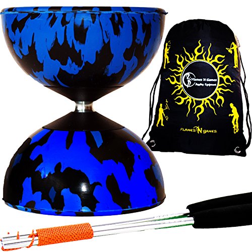 Mister Babache Diabolos Mr Babache Harlequin Diabolo (Noir/Bleu) avec baguettes pro en Aluminium et Flames N Games sac de voyage. code EAN 3700830181388 